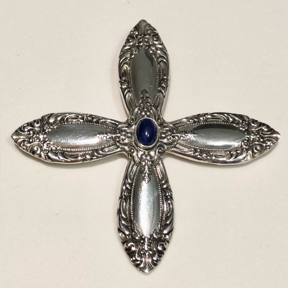 🌹🍃VTG Towle Lapis Lazuli Spoon Handle Cross Sterling Silver Pendant - RARE🍃🌹